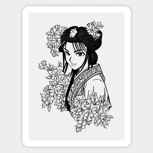 Retro manga geisha girl, black and white drawing Magnet